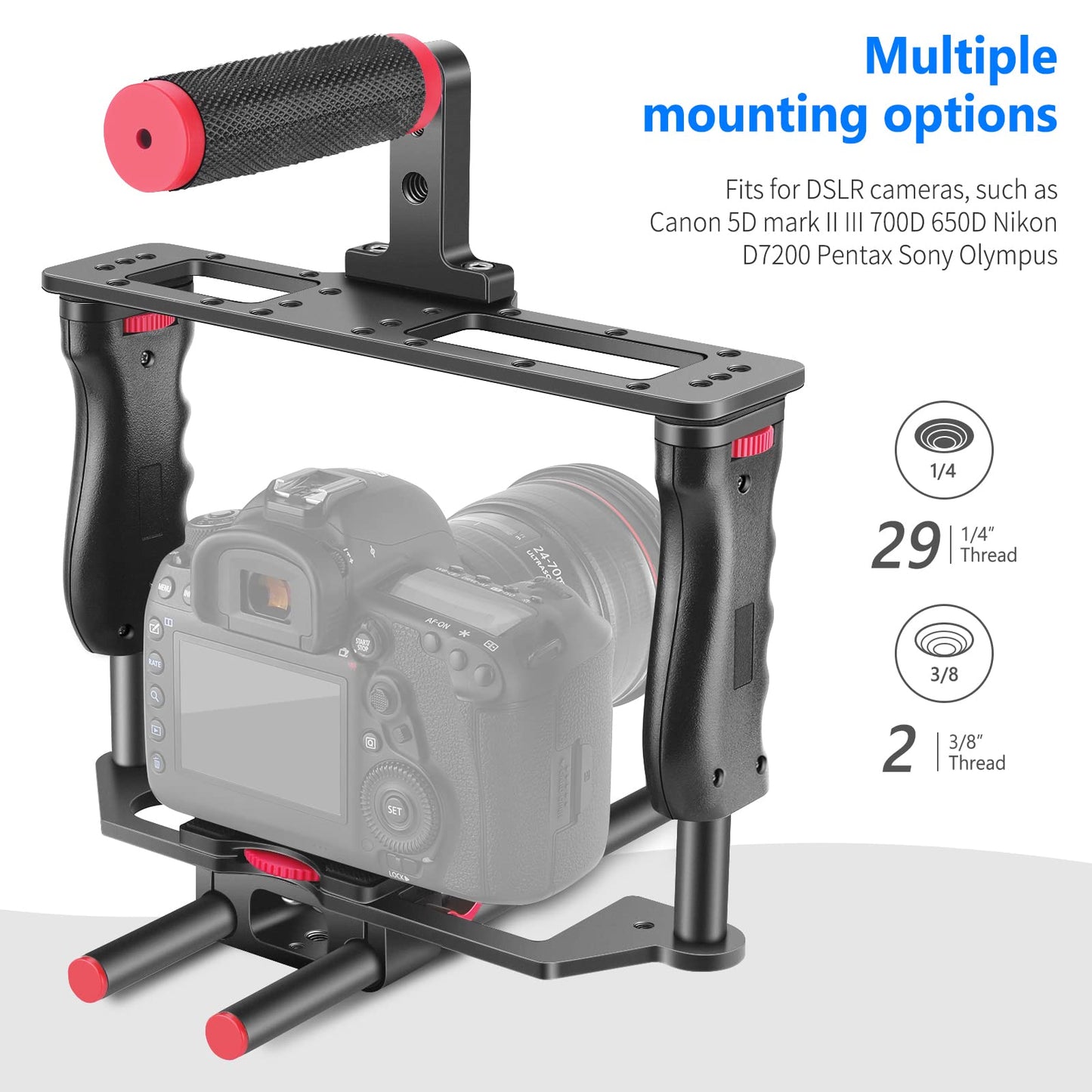 NEEWER Cage Camera Cage Made of Aluminum Alloy with Top Handle, Two Handles 15mm Rods, Video Stabilizer Compatible with Canon Sony Fujifilm Nikon DSLR Camera and Camcorder (Black + Red) - CG-MF