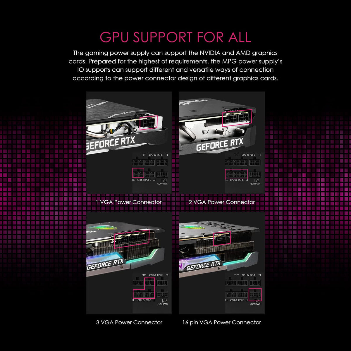 MSI MPG A850G PCIE5 Sursă de alimentare, conector EU - 850W, certificat 80 Plus Gold, complet modular ATX 3.0, suportă GPU PCIe 5.0, condensatori japonezi la 105°C, mod 0% RPM, cabluri plate