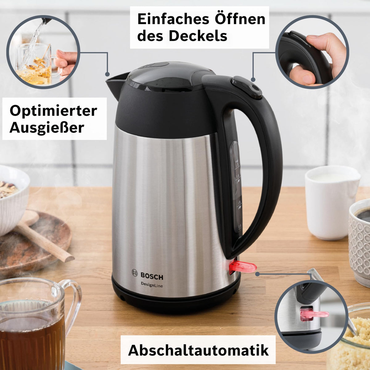 Bosch cordless kettle DesignLine TWK3P420, spill-free pouring, cup indicator, overheating protection, 1.7 L, 2400 W, stainless steel/black