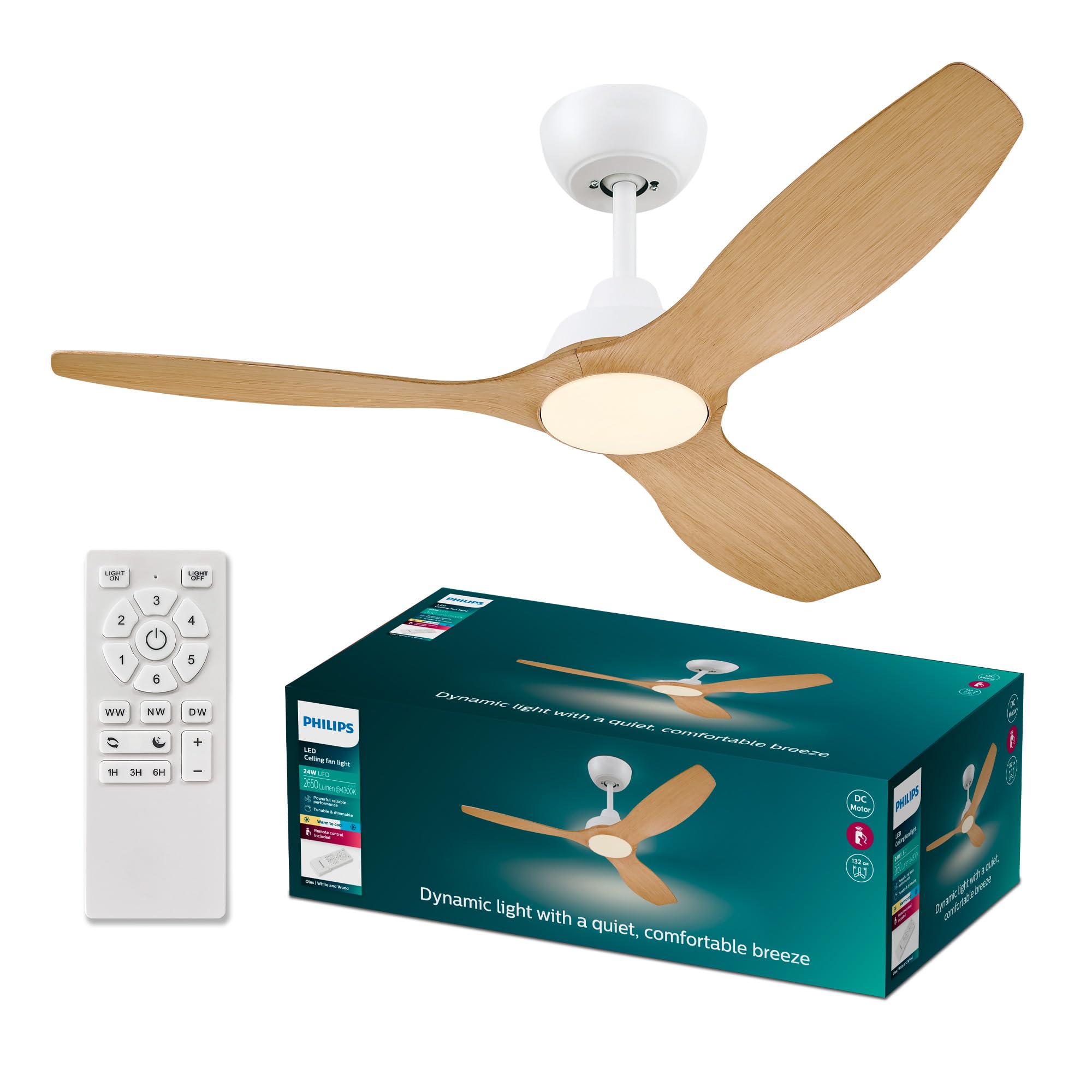PHILIPS Olas ceiling fan with LED light, 3 blades, 132 cm diameter, 2650 lumens, adjustable white light from 3000 K to 6500 K, dimmable to 5%, including remote control, white/wood, classic - 929004641201