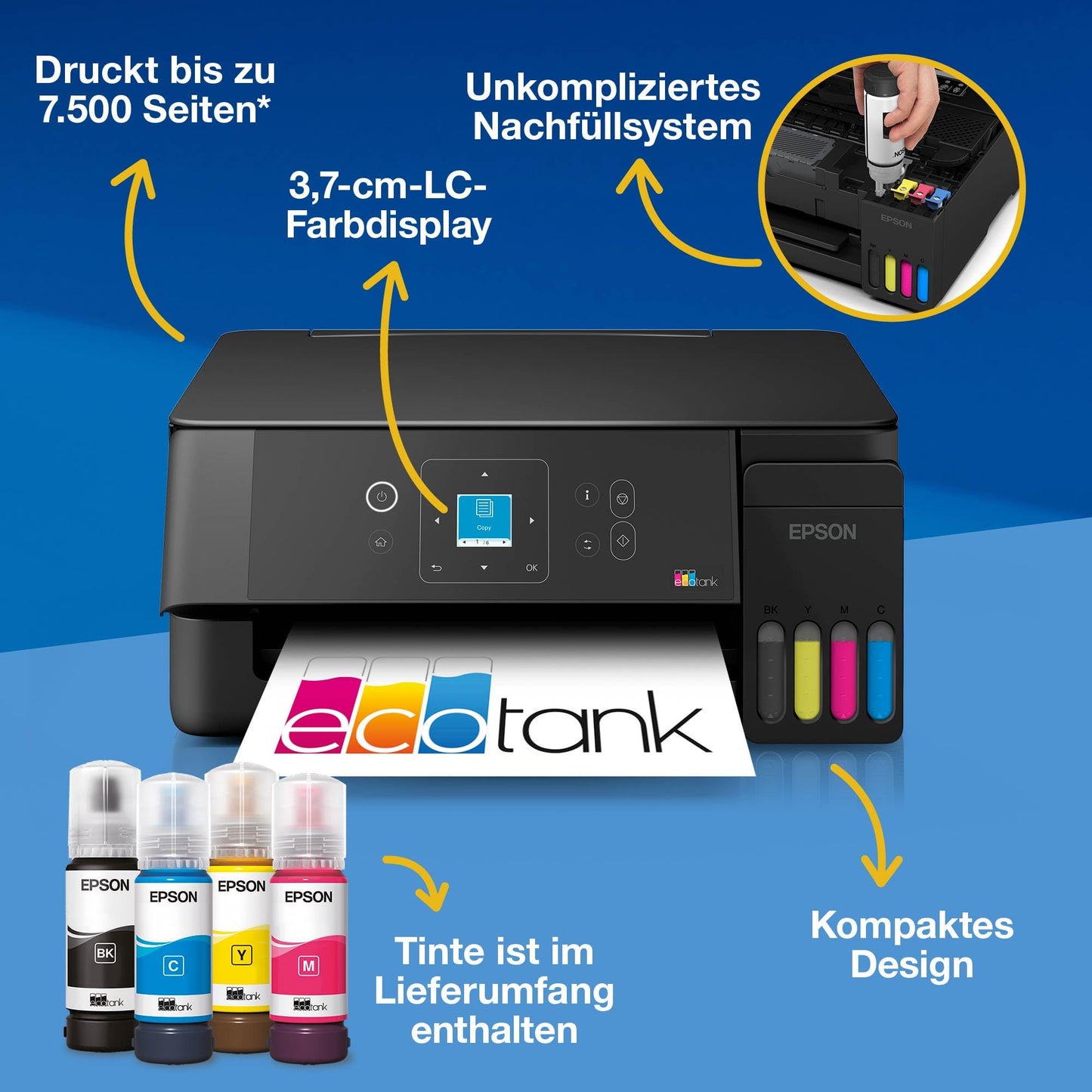 Epson EcoTank ET-2922 | For busy households | Wi-Fi | A4 | Print, Copy, Scan | LC display | AirPrint compatible | Compact | Contains up to 3 years of ink