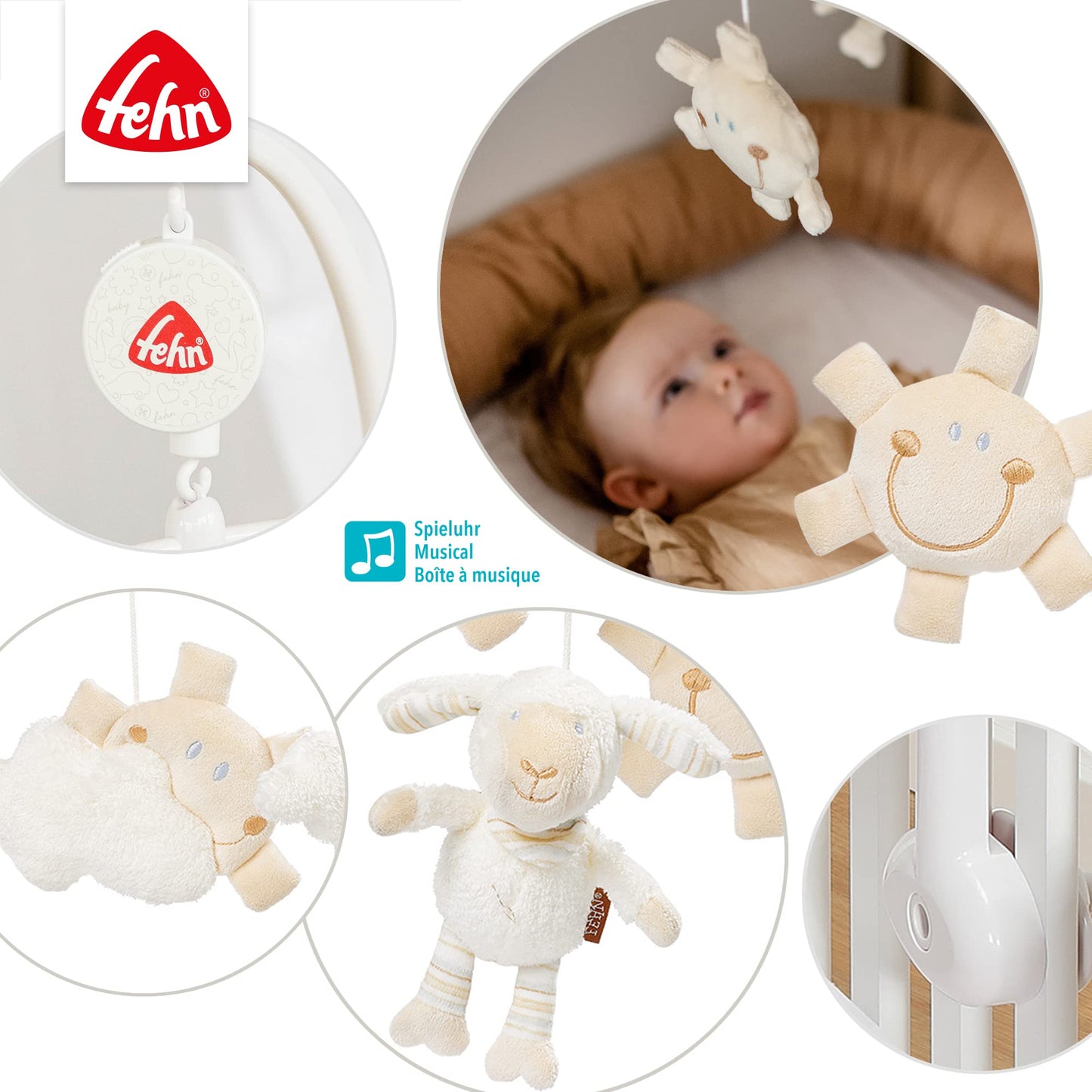 Fehn Music Mobile Sheep - Baby Sleep Aid Music Toy - Baby Mobile Music Box Melody "Sleep Child Sleep" - Music Mobile Baby Bed Accessories Toy for Babies and Newborns from 0-5 Months - 154610
