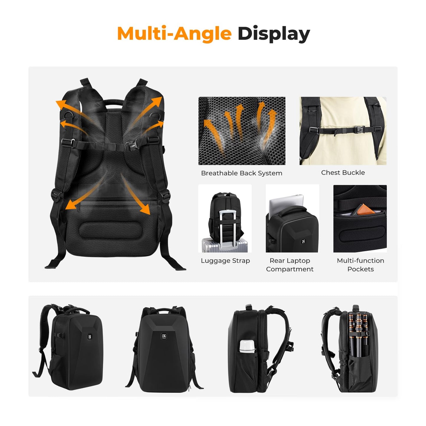 K&F CONCEPT camera backpack photo backpack with hard shell camera bag with 15.6 inch laptop compartment and rain cover, backpack for drones - KF13.134