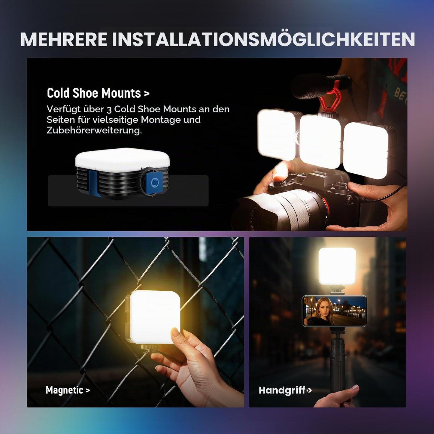NEEWER Magnetic RGB camera video light, table tripod, 3 cold shoes, APP control CRI97+ 2500-8500K 17 scenes 2000mAh rechargeable photography recording small LED panel lighting RGB62