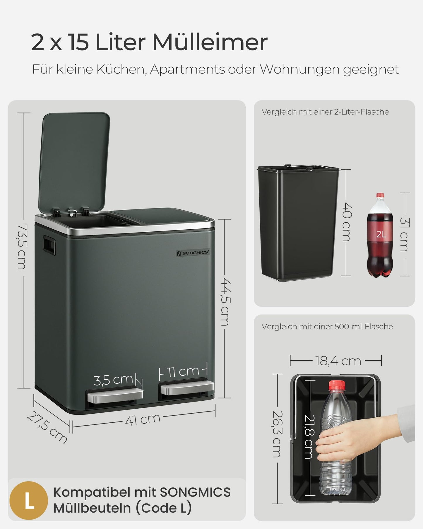 SONGMICS kitchen rubbish bin, 2 x 15 liters, waste separation system 2 compartments, including 15 rubbish bags, rubbish bin, pedal bin, recyclable waste, organic waste, soft close lid, green-grey LTB30GS