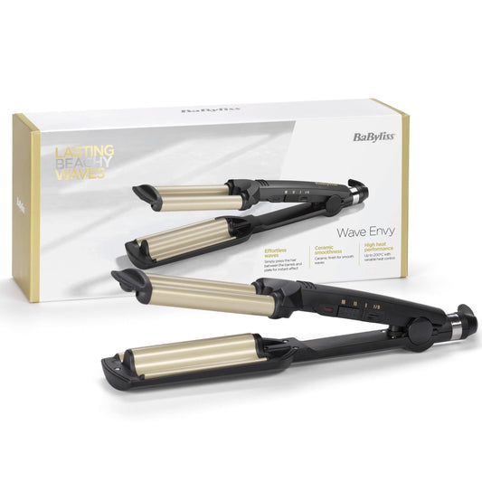 BaByliss Easy Waves – Ondulator pentru Beach Waves, acoperire din ceramică-titan, 3 setări de temperatură, vârfuri rezistente la căldură, aurie și neagră, C260E - 3030050064308