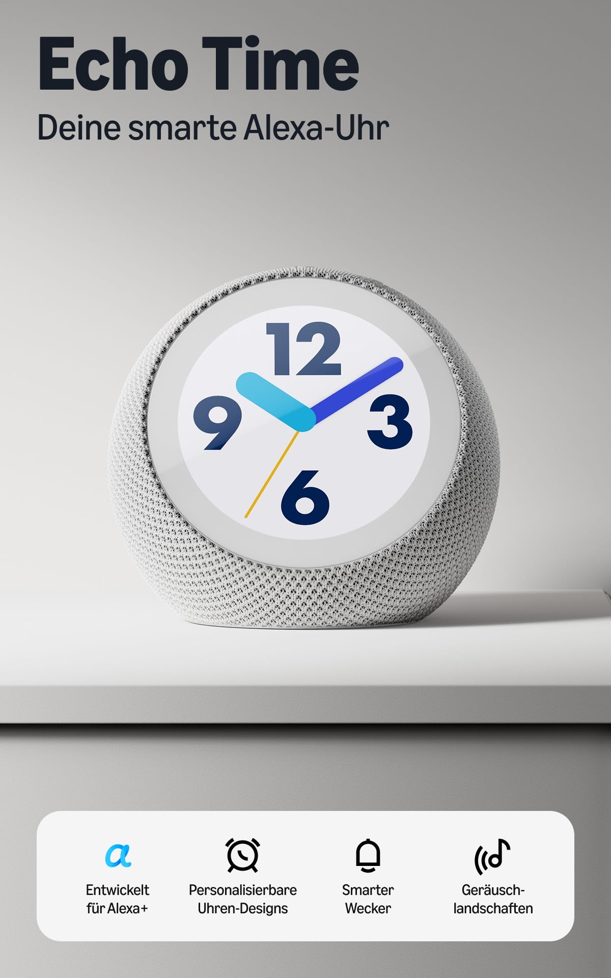 The new Amazon Echo Time, customizable clock designs, smart alarm clock, soundscapes, smart home hub, ideal for bedrooms, white, with Alexa+ Early Access - FS738N