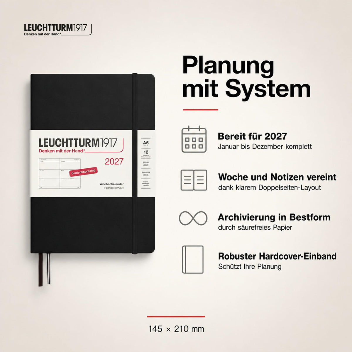 LEUCHTTURM1917 Calendar săptămânal 2027 Mediu (A5) - Germană, Negru, Hardcover, 145 x 210 mm, 12 luni - ianuarie-decembrie 2027, 1 săptămână pe pagină dublă, hârtie de 80 g/m² cu compatibilitate ridicată cu cerneală - 400101