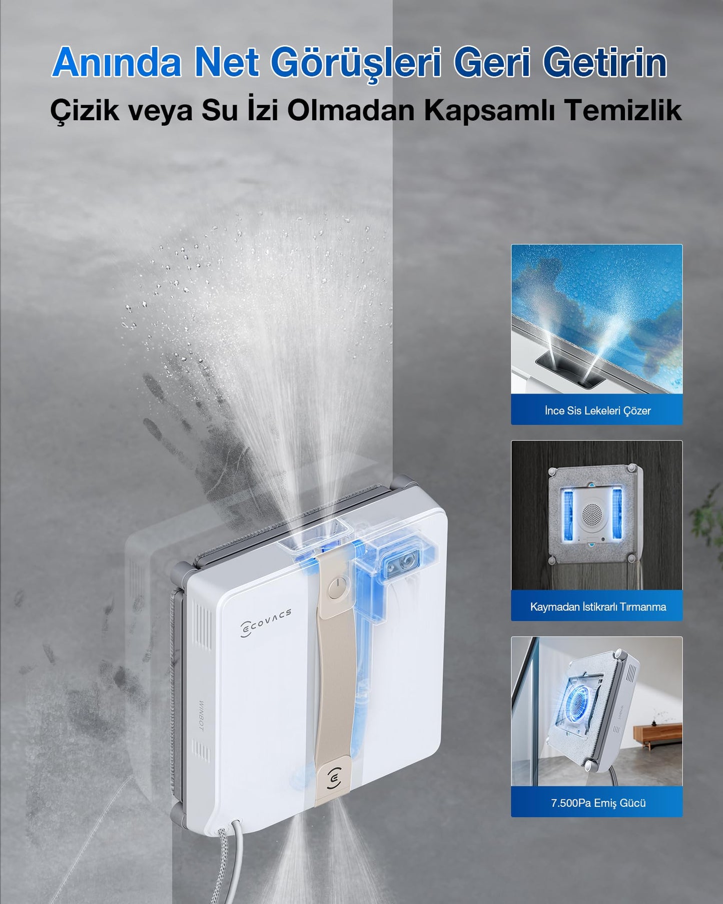 ECOVACS WINBOT Mini window cleaning robot, compact design, double nozzles with ultrasonic atomization, 9-level protection system, intelligent path planning, 4 cleaning modes, anti-slip system, gray