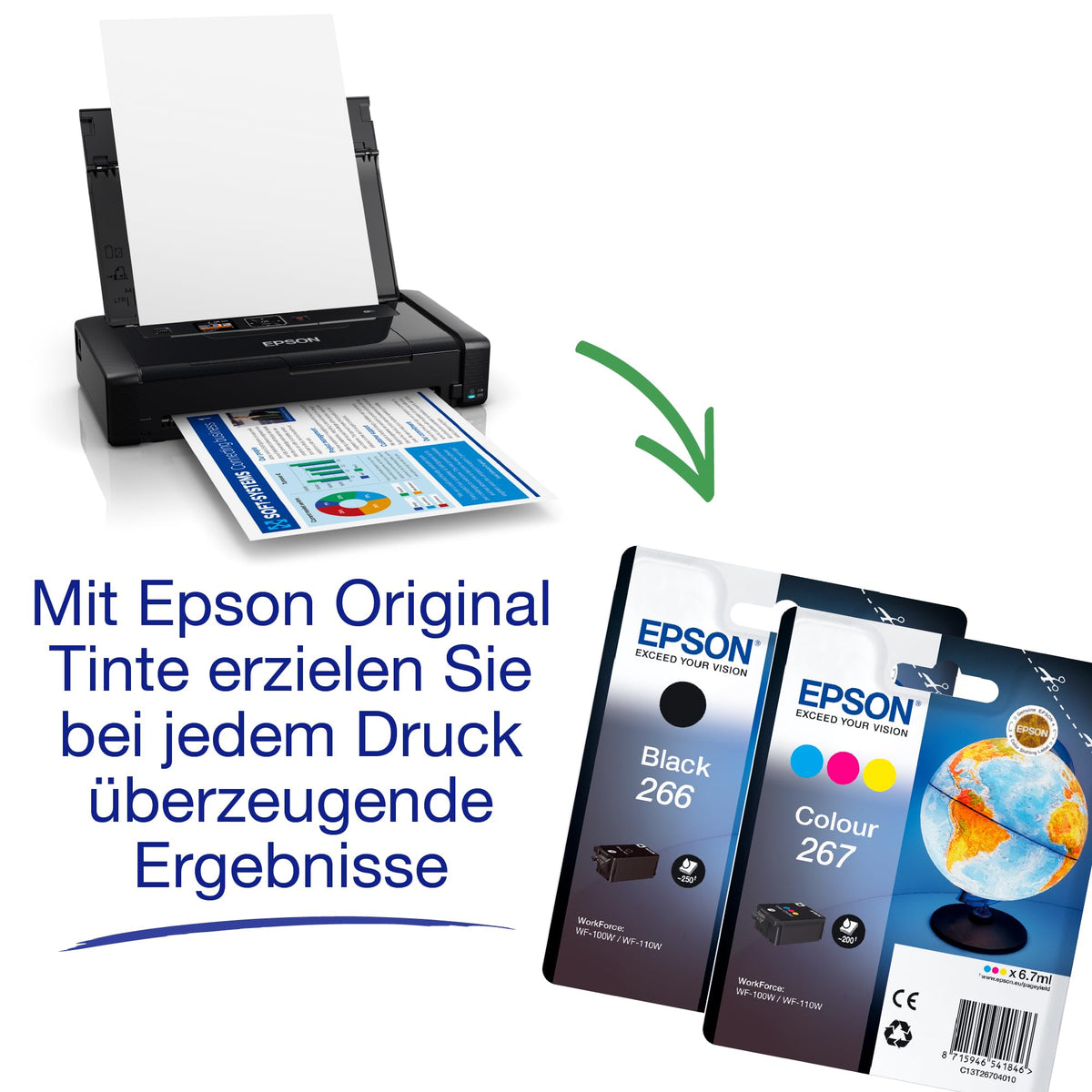 Epson Workforce WF-110W portable inkjet printer (A4, WiFi Direct, printer, mobile printing, USB, built-in battery, only 1.6 kg weight) black - C11CH25401