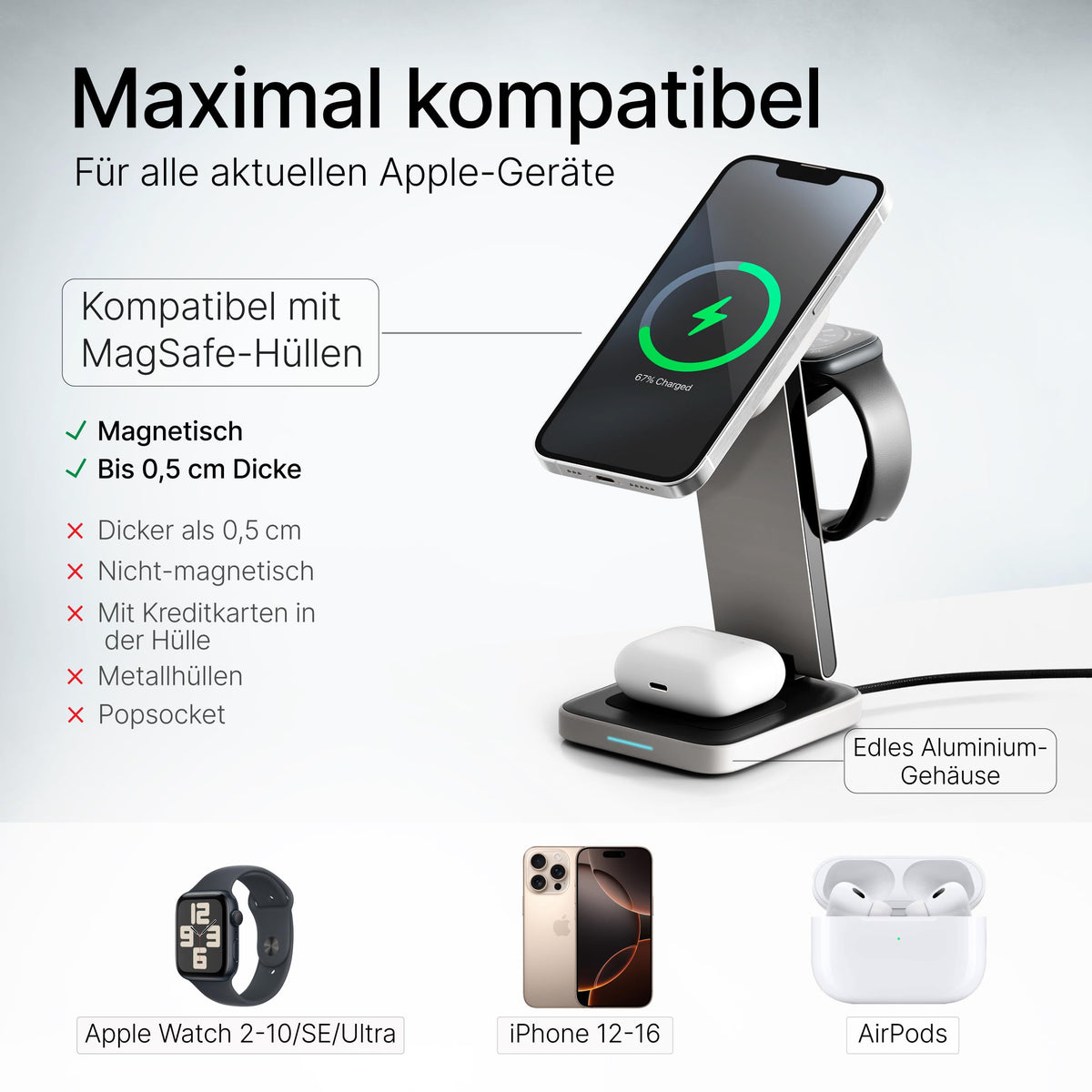 TEGLER Aluminum Charger – Charging Station compatible with Apple Watch and iPhone, iPhone Charging Station, Apple Charging Station, includes 20W adapter & USB-C cable - DH11