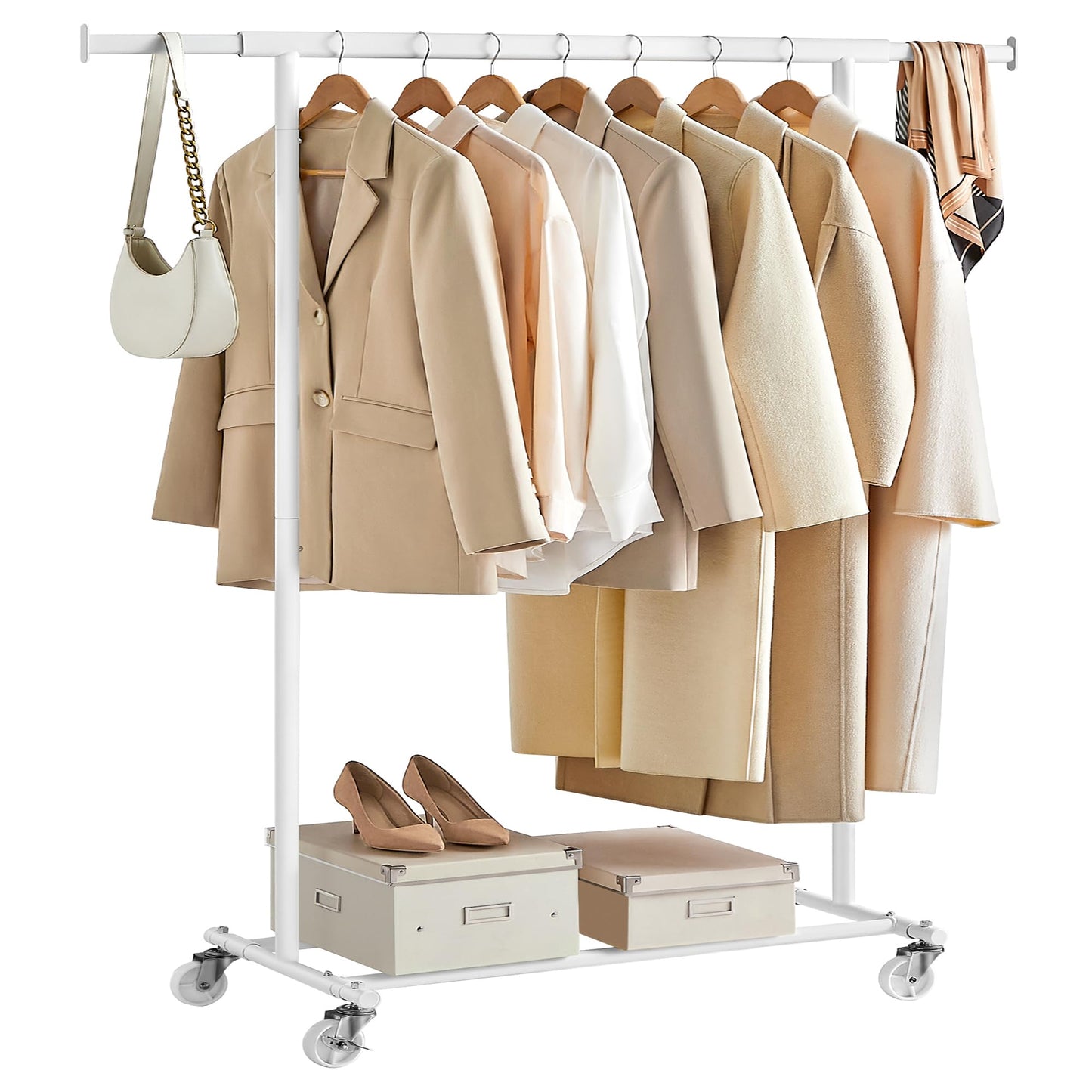 SONGMICS clothes rack on wheels, heavy-duty coat rack, extendable clothes rail, loads up to 100 kg, easy assembly, transportable, white HSR013W01