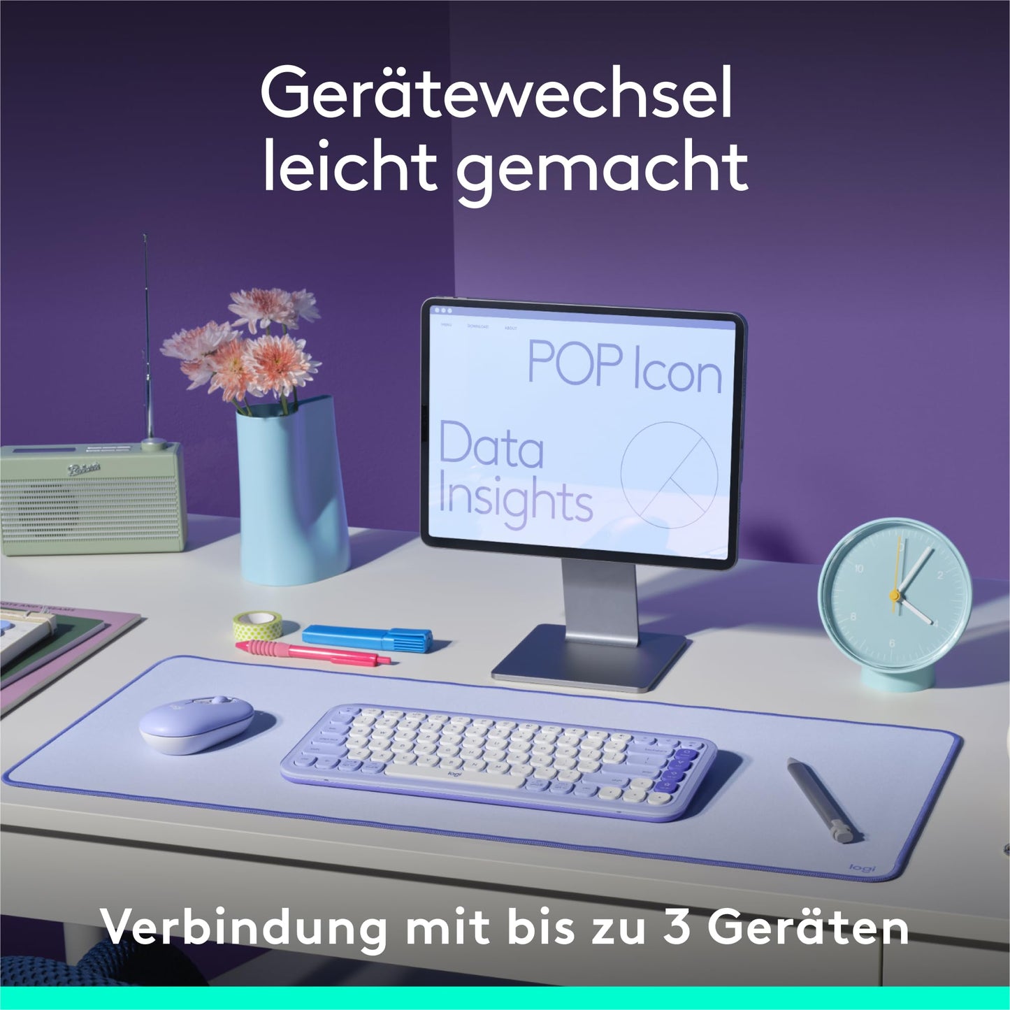 Logitech POP ICON Keys wireless Bluetooth keyboard, comfortable typing, programmable keys, easy switch between up to 3 devices, for notebook, tablet, PC, German QWERTZ layout - white - 920-013060