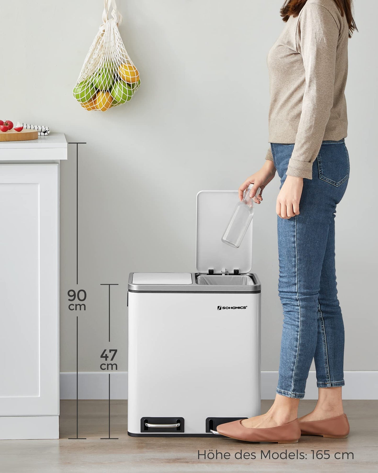 SONGMICS kitchen trash can, 2 x 15 liters, waste separation system 2 compartments, including 15 trash bags, trash can, pedal bin, recyclable waste, organic waste, soft close lid, cloud white LTB30WT