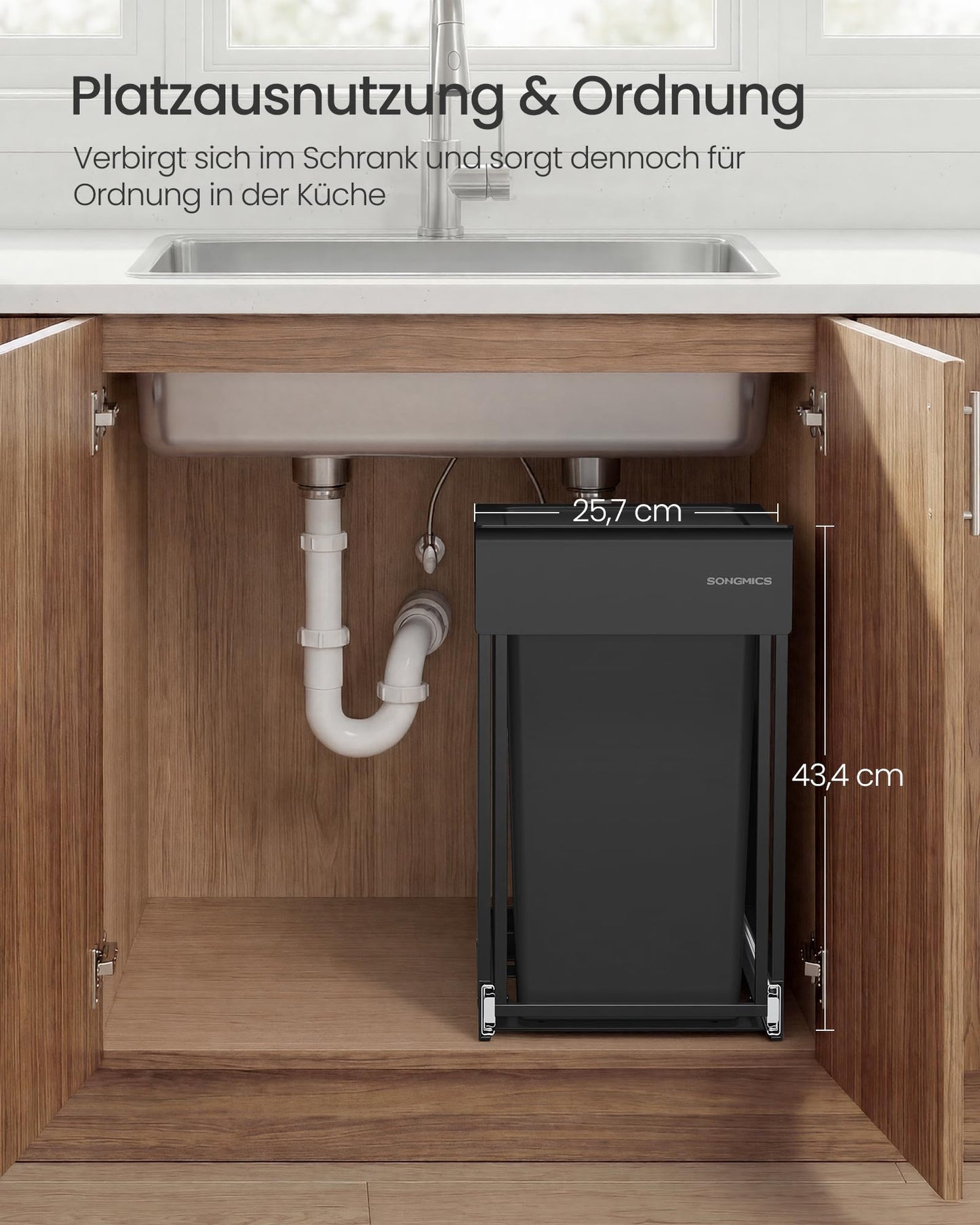 SONGMICS Kitchen Trash Can for Base Cabinet, 1 x 20 L, Extendable Trash Can, Steel Frame, ABS Lid, Ink Black LTB920BZ01