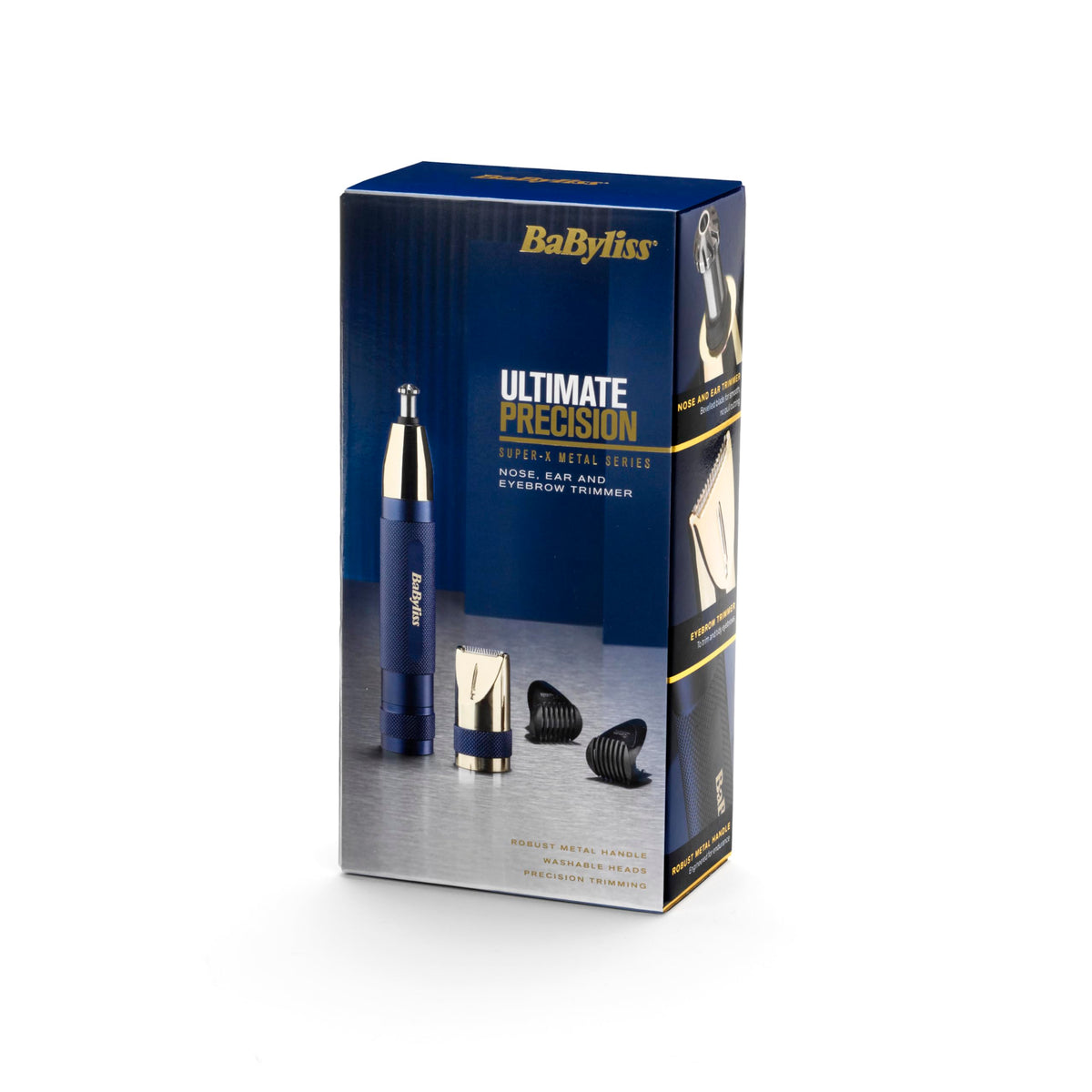 BaByliss Super-X Metal Series Trimmer pentru nas, urechi și sprâncene pentru bărbați, kit de îngrijire, cadouri pentru bărbați (Aur/Albastru) - E112U