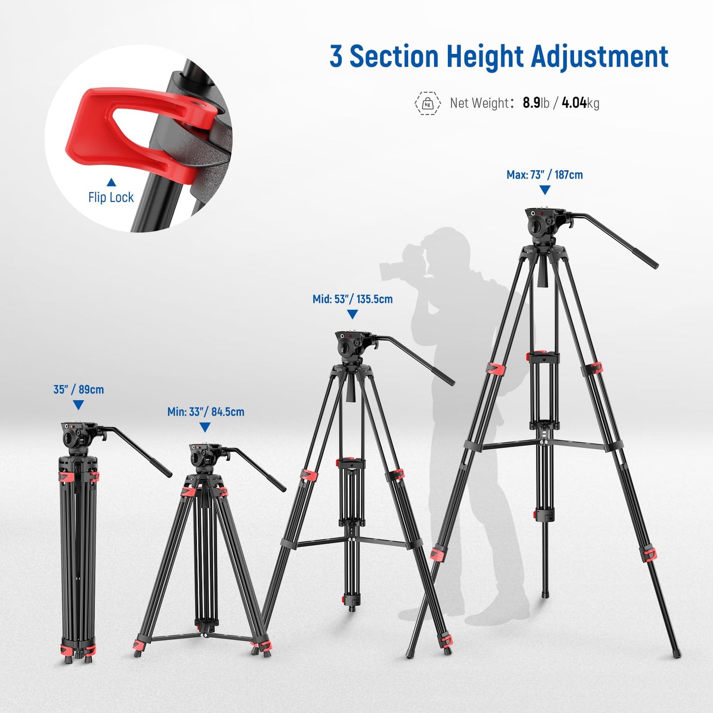 NEEWER Basic 74" video tripod with fluid head [basic version], metal camera tripod with gentle friction damping, center spreader, quick release plate compatible with 501, maximum load 17.6lb, TP37