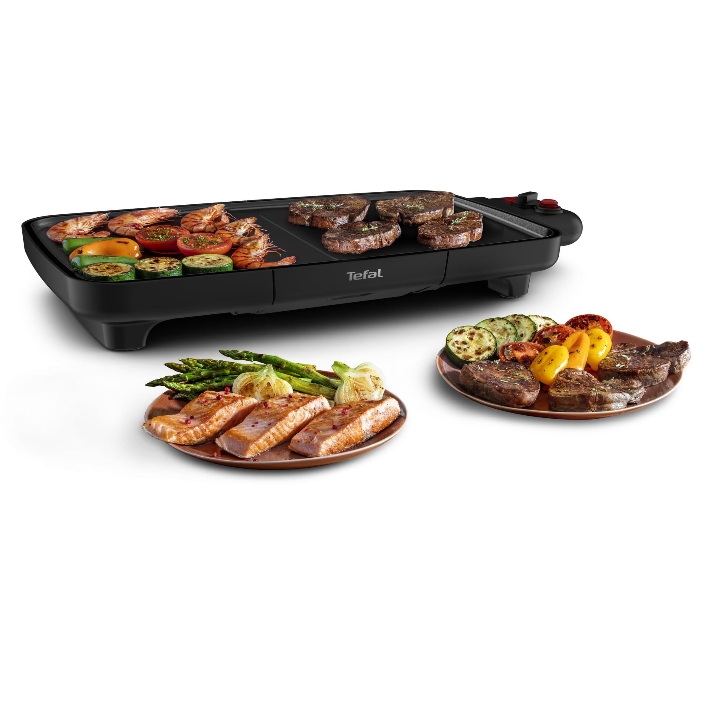 Tefal Plancha Booster table grill, 2200 W, extra large grill surface, boost zone, 6 temperature levels, continuous grill plates, including fat drain channel, Thermo-Spot, black, CB6428