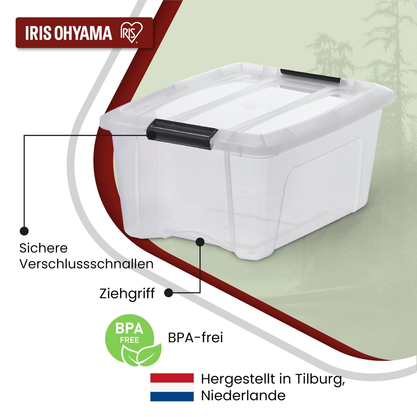 Iris Ohyama Storage Boxes with Lids, 15L, Set of 6, Transparent, Secure Closure, Stackable, Handles, Bedroom, Closet, Office, Organization, BPA Free Plastic, Organizer Boxes, NTB-15 - 104510