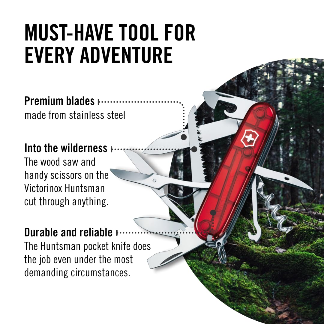 Victorinox Swiss Army Knife Huntsman, Multitool, Swiss Army Knife with 15 functions, blade, corkscrew, can opener, folding box, red transparent - 1.3713.T