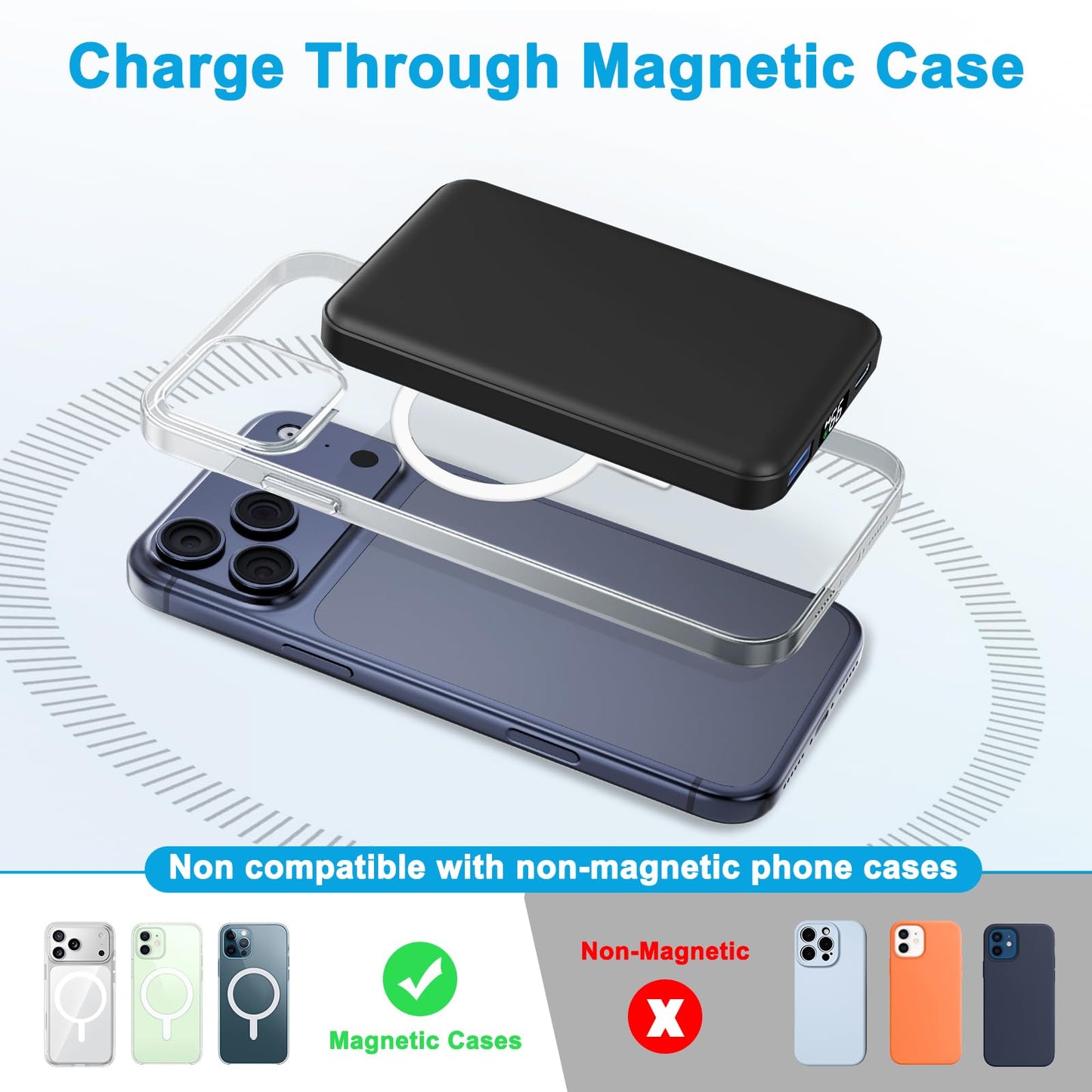 AOGUERBE Wireless Power Bank for iPhone, Magnetic Power Bank 10000mAh with USB C in&Out, 22.5W Fast Charging Battery Pack Inductive Charging for iPhone 17/16/15/14/13/12/11/Pro/Plus/Pro Max Series (Black) - KT-D003