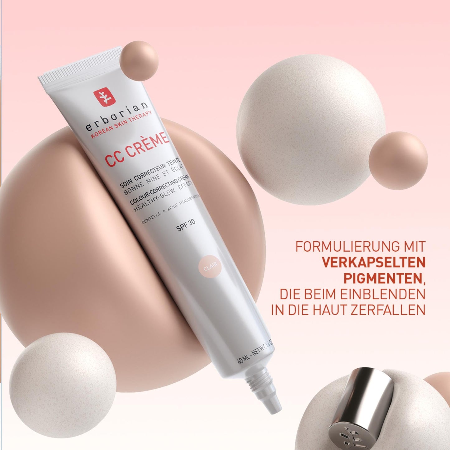 Erborian - CC Crème with Centella Asiatica - High-Definition Illuminating Facial Cream and Make-up - Sun Protection SPF 30 - Korean Cosmetics - Doré 40 ml - 6AA10411