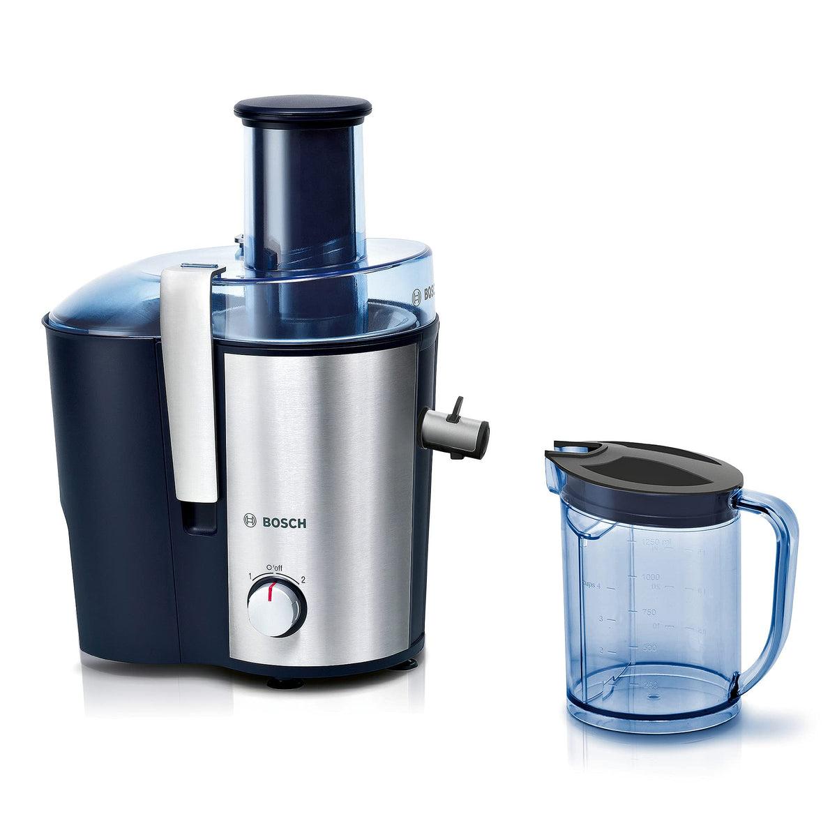 Bosch Hausgeräte Juicer VitaJuice 3 MES3500, electric juice press for fruits and vegetables, large feeding chute, 1.25l juice container, multiple speeds, dishwasher safe, 700 W, blue/silver, stainless steel