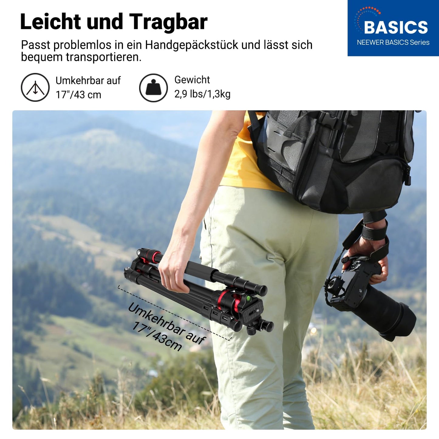 NEEWER Basics 72" / 182cm Travel Tripod Monopod Compact Lightweight Portable Camera Tripod Stand for Shooting, Arca Type Ball Head, Mobile Phone Holder Compatible with iPhone, Max. Load 8kg, TP14B