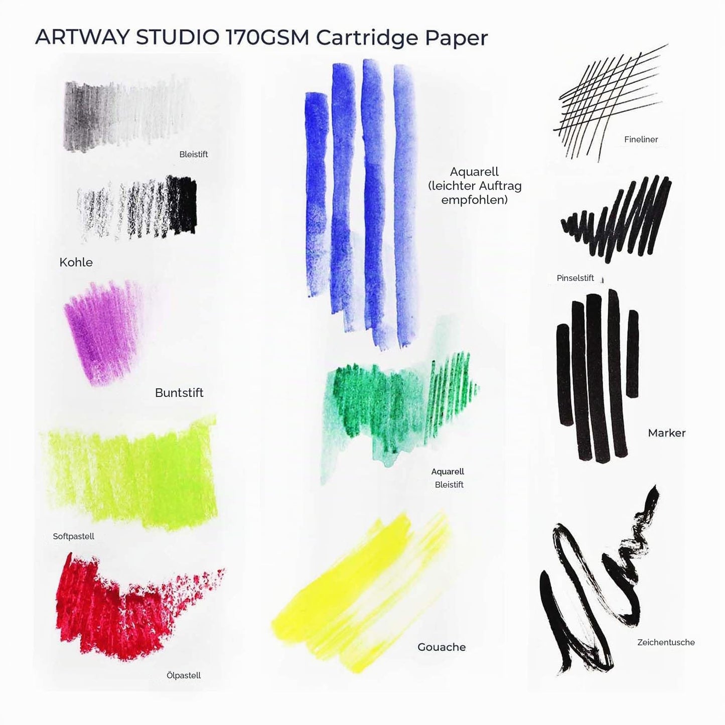 Artway Studio - A2 cartridge paper for drawing - Ideal for dry art applications - 170gsm - A2 (100 sheets), white