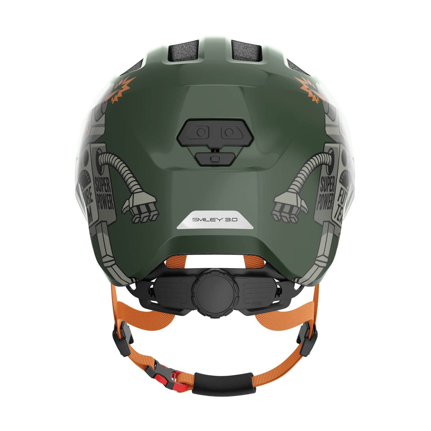 ABUS children's helmet Smiley 3.0 - bicycle helmet with a deep fit, child-friendly designs & space for a braid - for girls and boys - green with robot pattern, size M - 67268