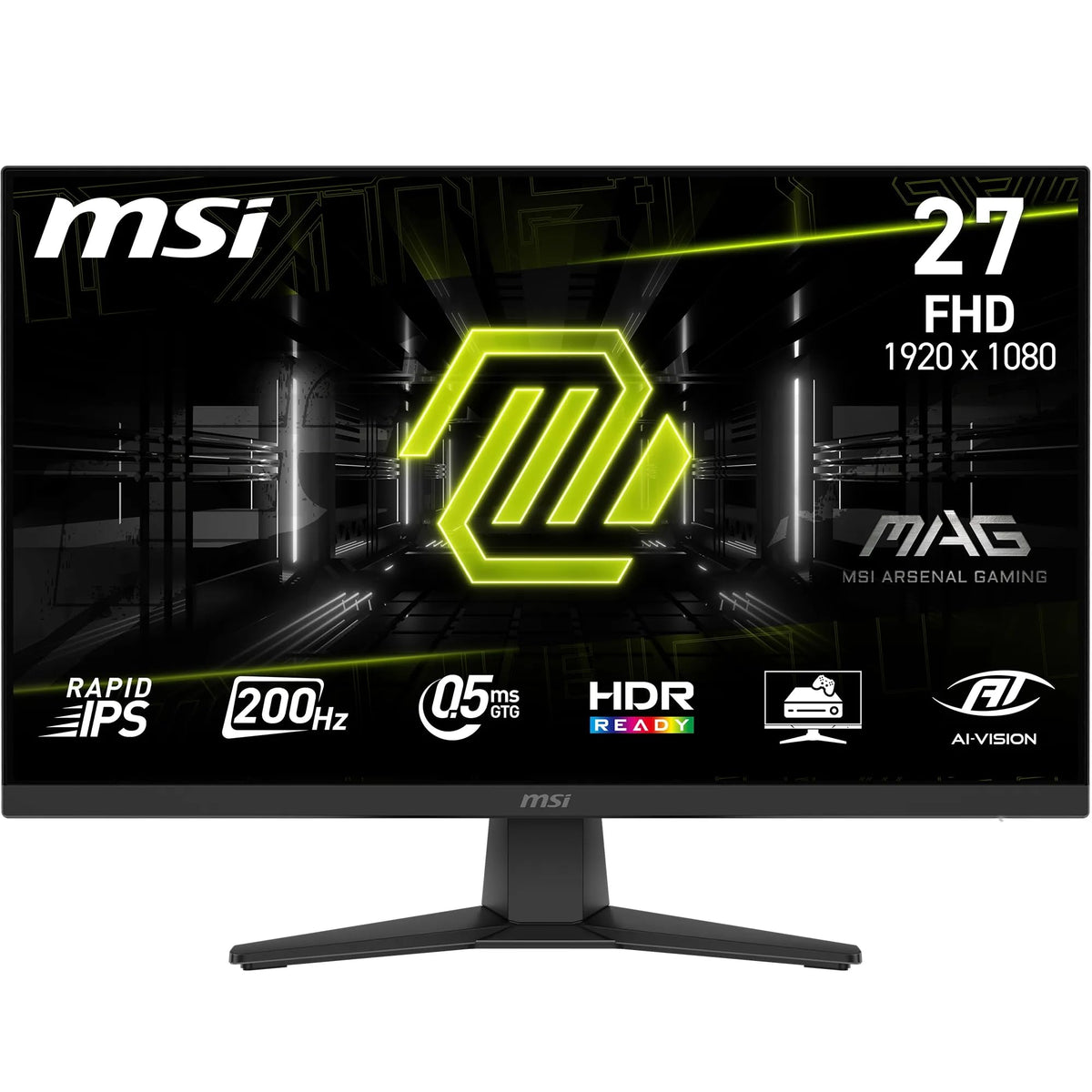 MSI MAG 272FDE, 27 inch, FHD, 1920x1080, Gaming Monitor, 200 Hz, 0.5 ms, HDR capable, AMD FreeSync Premium, eye-friendly, AI Vision, HDMI 2.0b, DP 1.2a, borderless, adjustable, VESA mount, Black - 9S6-3CE51T-009