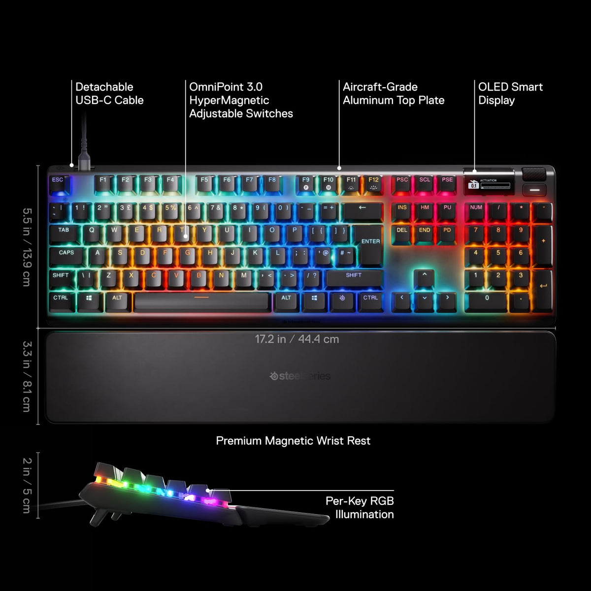SteelSeries Apex Pro Gen 3 - Tastatur pentru gaming - Switch-uri Hall Effect; OmniPoint 3.0 - Actuare ajustabilă - Presetări pregătite pentru joc - Trigger rapid, Mod de protecție, Rapid Tap/SOCD - QWERTY în engleză - 64661