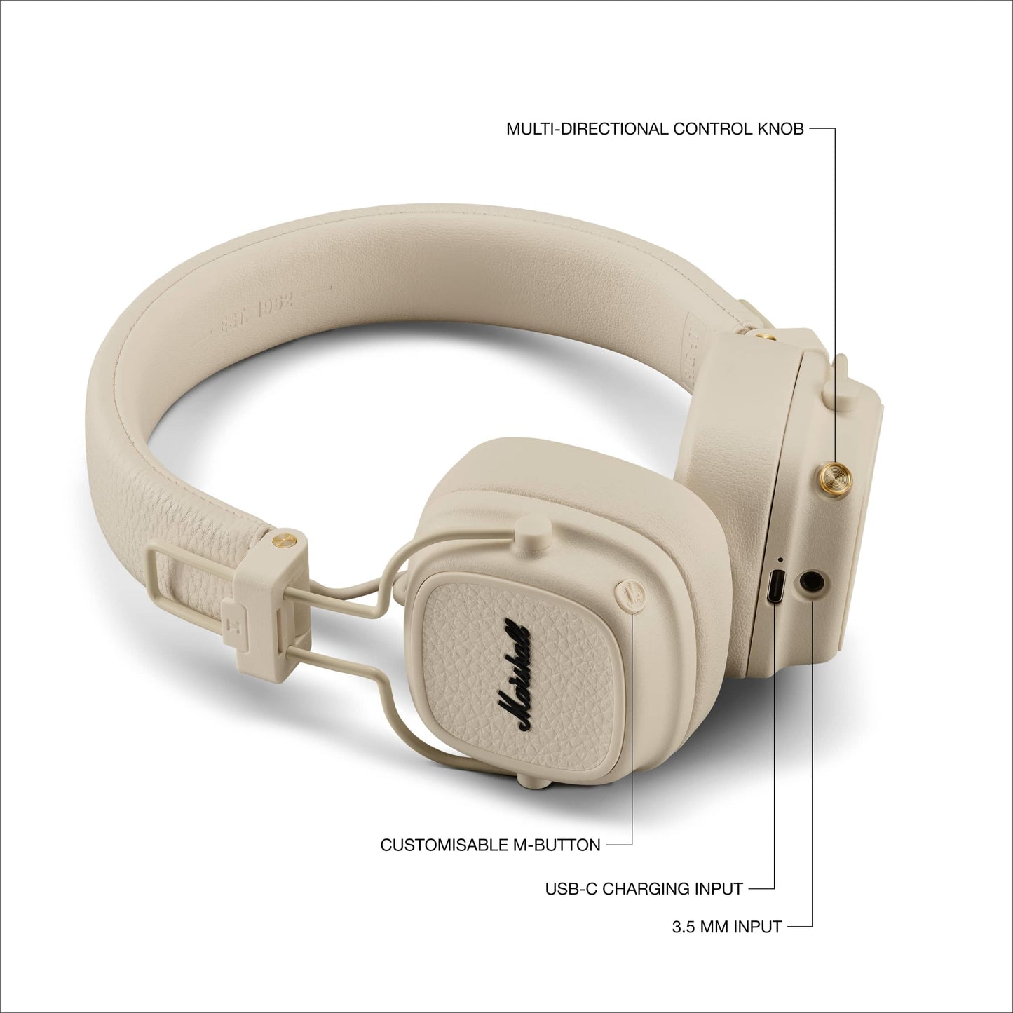 Marshall Major V Bluetooth Headphones, 100 Hour Playtime - Cream - 1006833