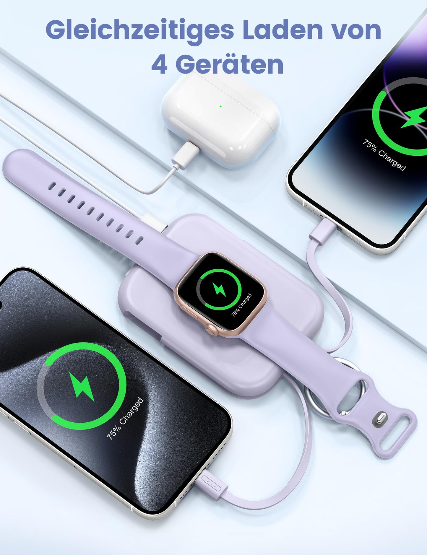 RORRY Power Bank, 5000mAh Power Bank with Integrated Cable, Travel Portable Charger Key Ring External Mobile Phone Batteries for iPhone 17/16/15/14/13/12, Apple Watch Ultra/11/10/9/8/7/6/SE, Purple - D2