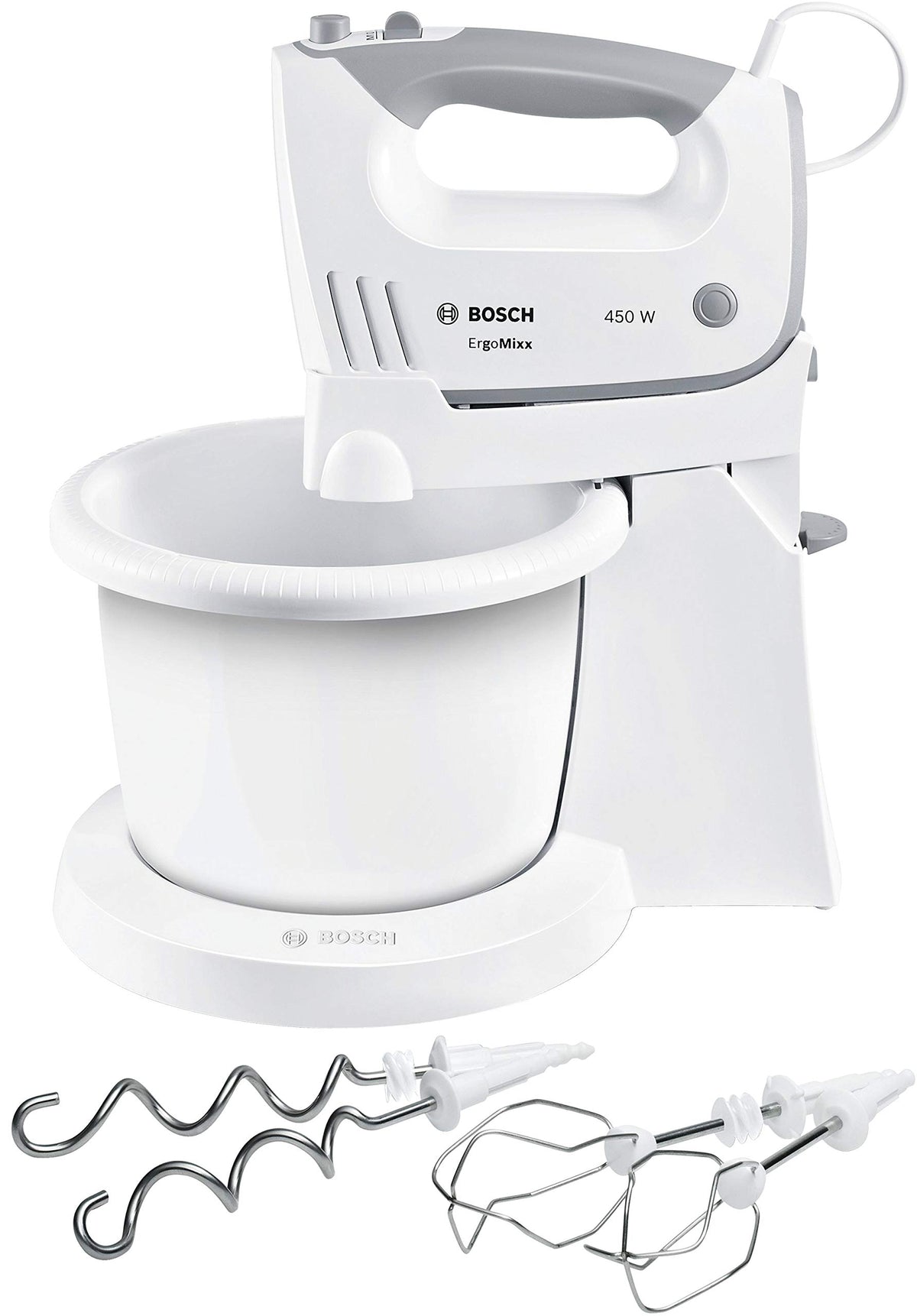 Bosch Hand Mixer, Mixing Bowl plus Stand/Mount, 2 Whisks, 2 Stainless Steel Dough Hooks, 450 W, white, MFQ36460