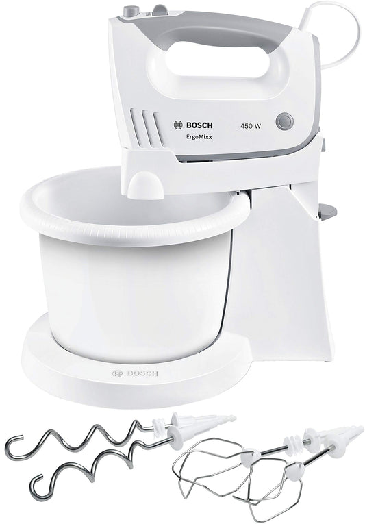 Bosch Hand Mixer, Mixing Bowl plus Stand/Mount, 2 Whisks, 2 Stainless Steel Dough Hooks, 450 W, white, MFQ36460