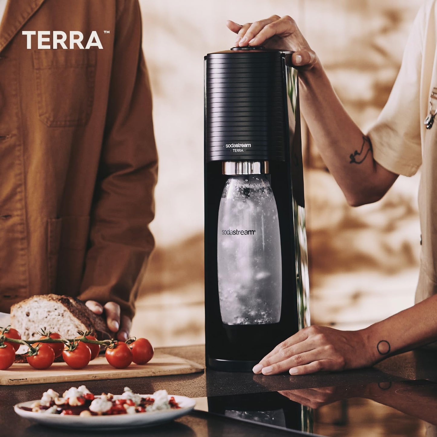 Sodastream TERRA water carbonator, soda stream machine value pack with 1 Quick Connect 60L CO2 cylinder, 2x 1L and 1x 0.5L dishwasher-safe plastic bottles, height 44 cm, black - 1012813491