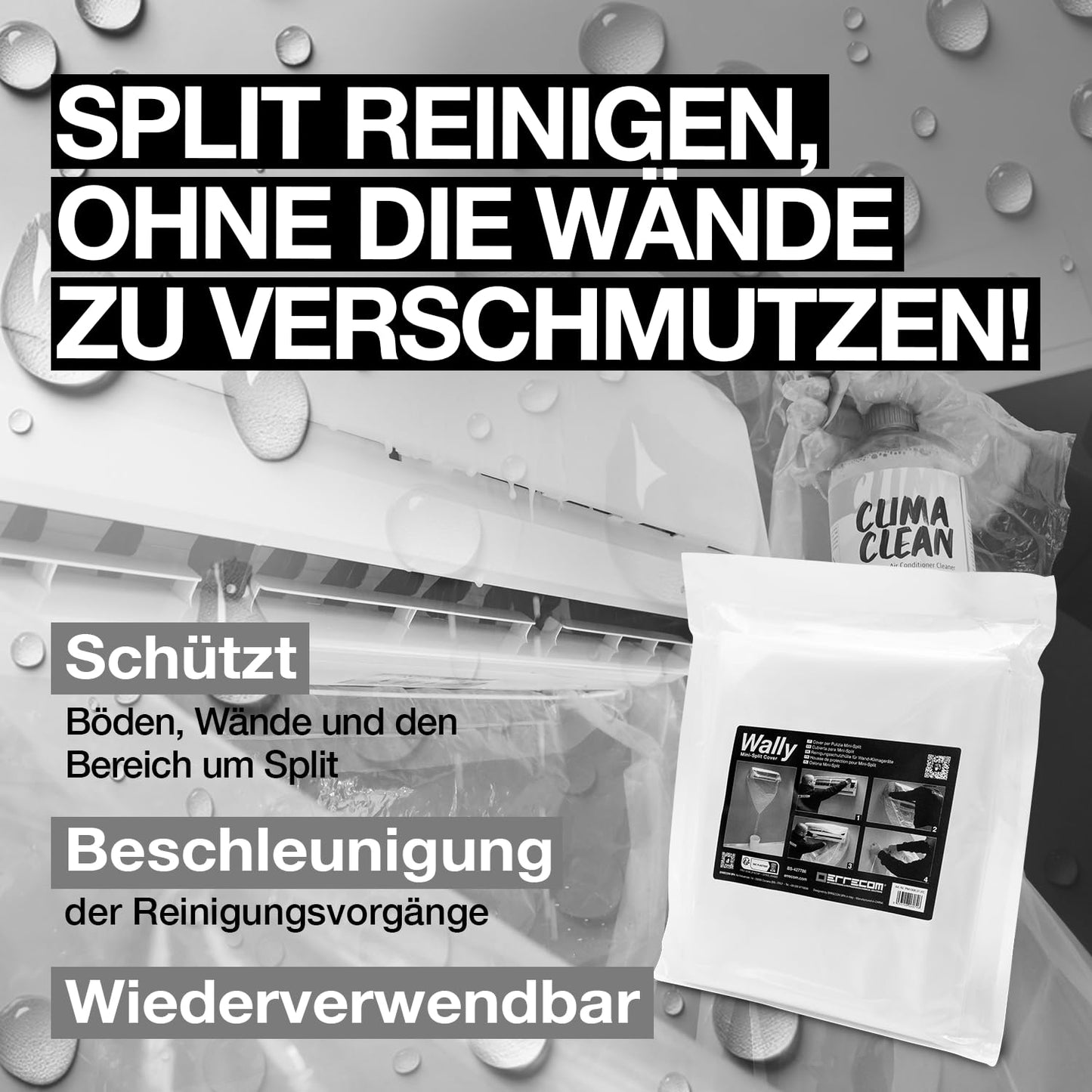 Errecom Kit zur Reinigung der Klimaanlage, enthält 1-L Clima-Net Reiniger für Klimaanlagen, Filter, Rippenwärmetauscher, Außengeräte, 1 Wally Schutzhülle für Reinigung von Splits und Verdampfern. - RKAB96.P1.EC