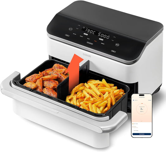 COSORI hot air fryer 2 chambers, Dual Blaze TwinFry 10L, with healthy ceramic non-stick coating, 4 heating tubes and flexible chambers, even heat distribution, up to 240°C, cream white - CAF-TF102S-AEU