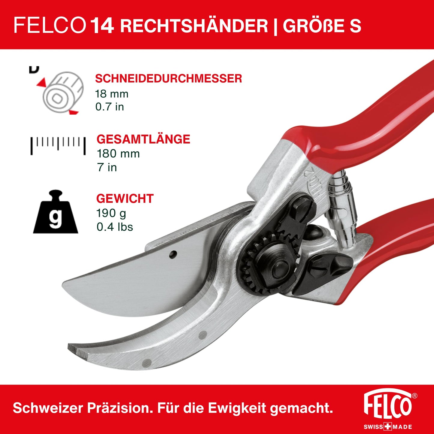 FELCO 14 bypass secateurs for small hands, right-handed, 40 mm hardened steel blade, forged aluminum handles, ergonomically compact, precise cut up to 18 mm, Swiss Made