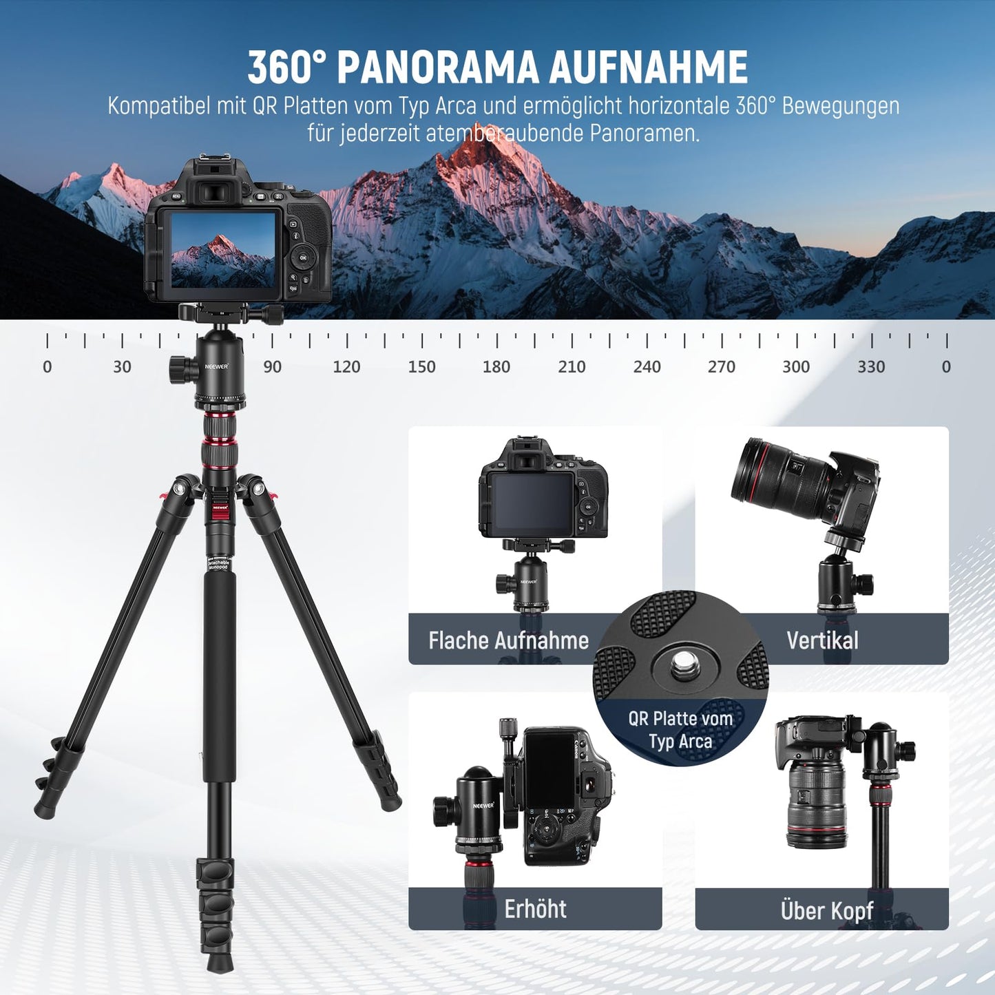 NEEWER 77" camera tripod monopod for DSLR, smartphone with 360° panoramic ball head, 2 axis center column, Arca type quick release plate, bag, compact, aluminum, max. load capacity 34lb, TP77