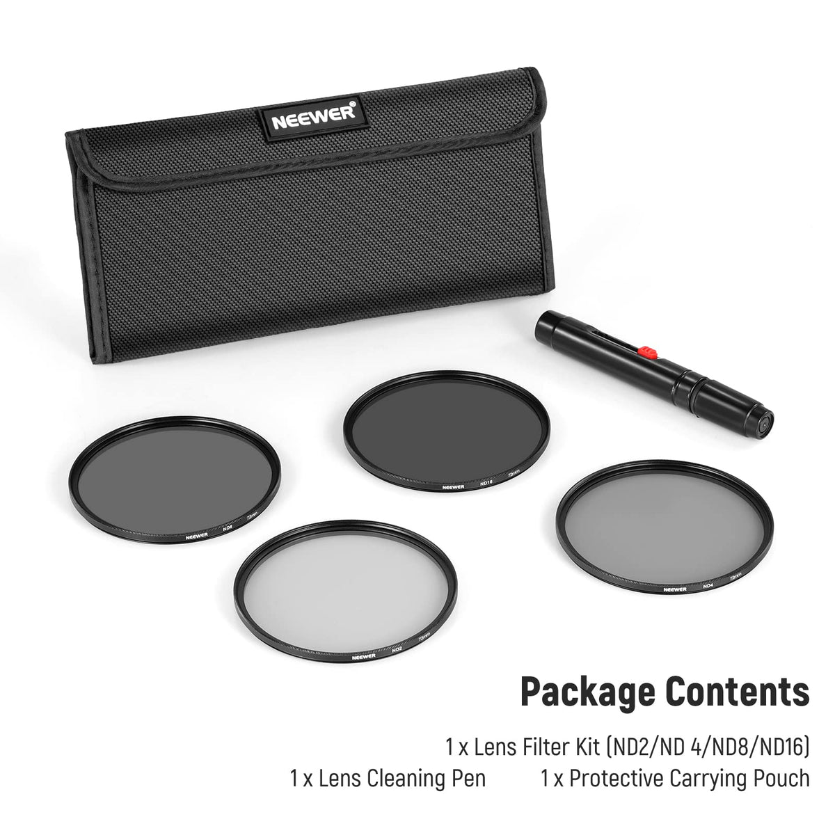 NEEWER 72mm ND filter set ND2 ND4 ND8 ND16, lens cleaning pen, filter bag, gray filter and accessories set, compatible with Canon Nikon Sony Panasonic DSLR cameras with 72mm lens - NW - 10101722
