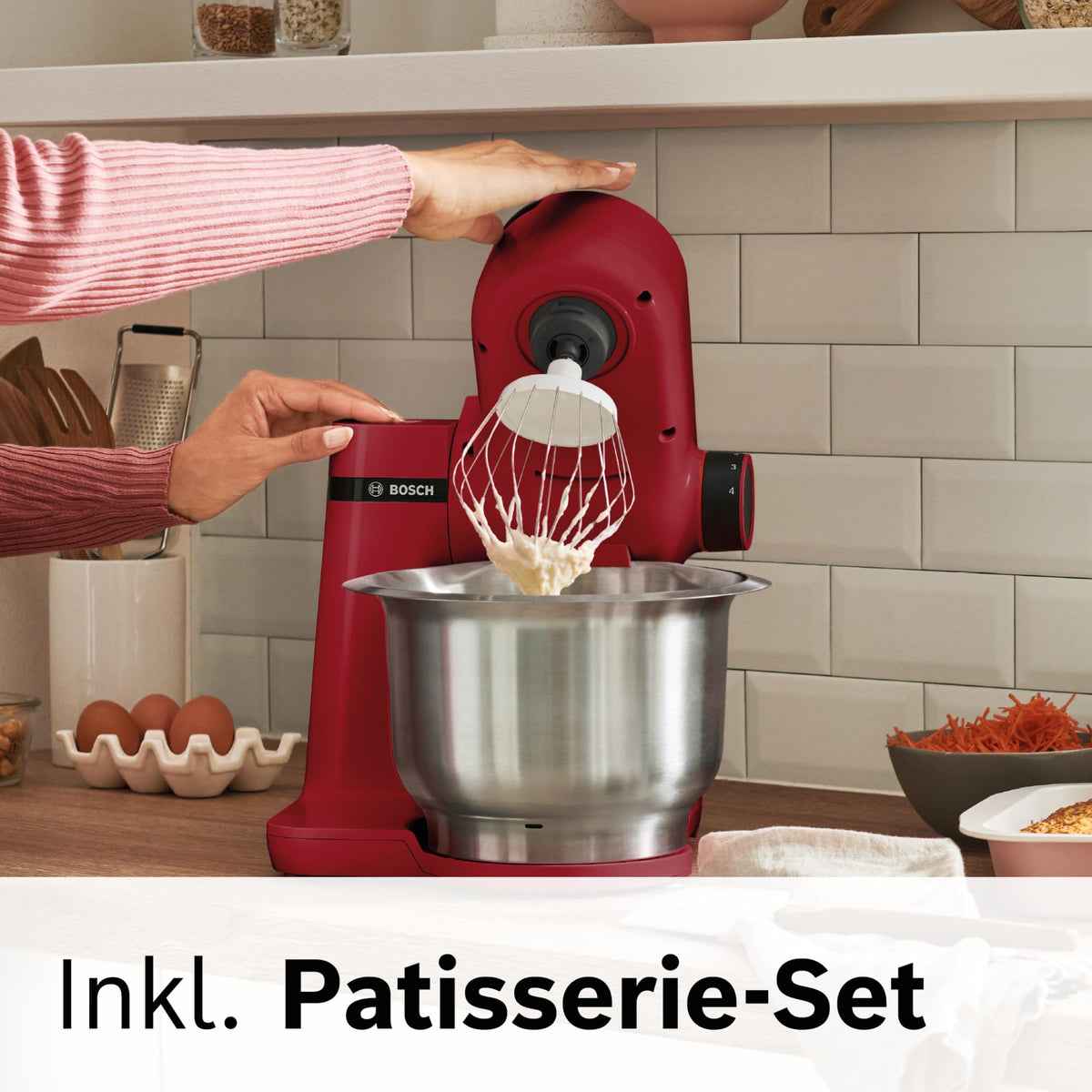 Bosch Kitchen Machine Series 2, compact kitchen machine, stainless steel bowl 3.8 L, kneading hook, stainless steel whisk and mixing beater, continuous slicer, 3 discs, 700 W, red, MUMS2ER01
