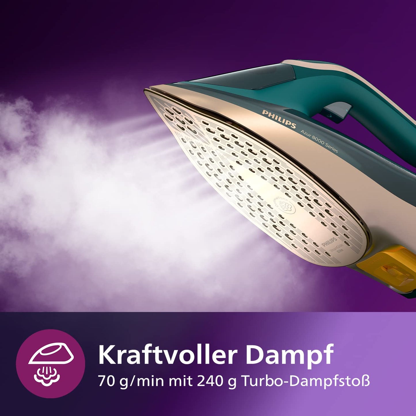 Philips Azur 8000 Series Steam Iron - 70 g/min continuous steam, 240 g turbo steam boost, 3000 W power, OptimalTEMP technology, Green Opal (DST8030/70) - AZ8000-70