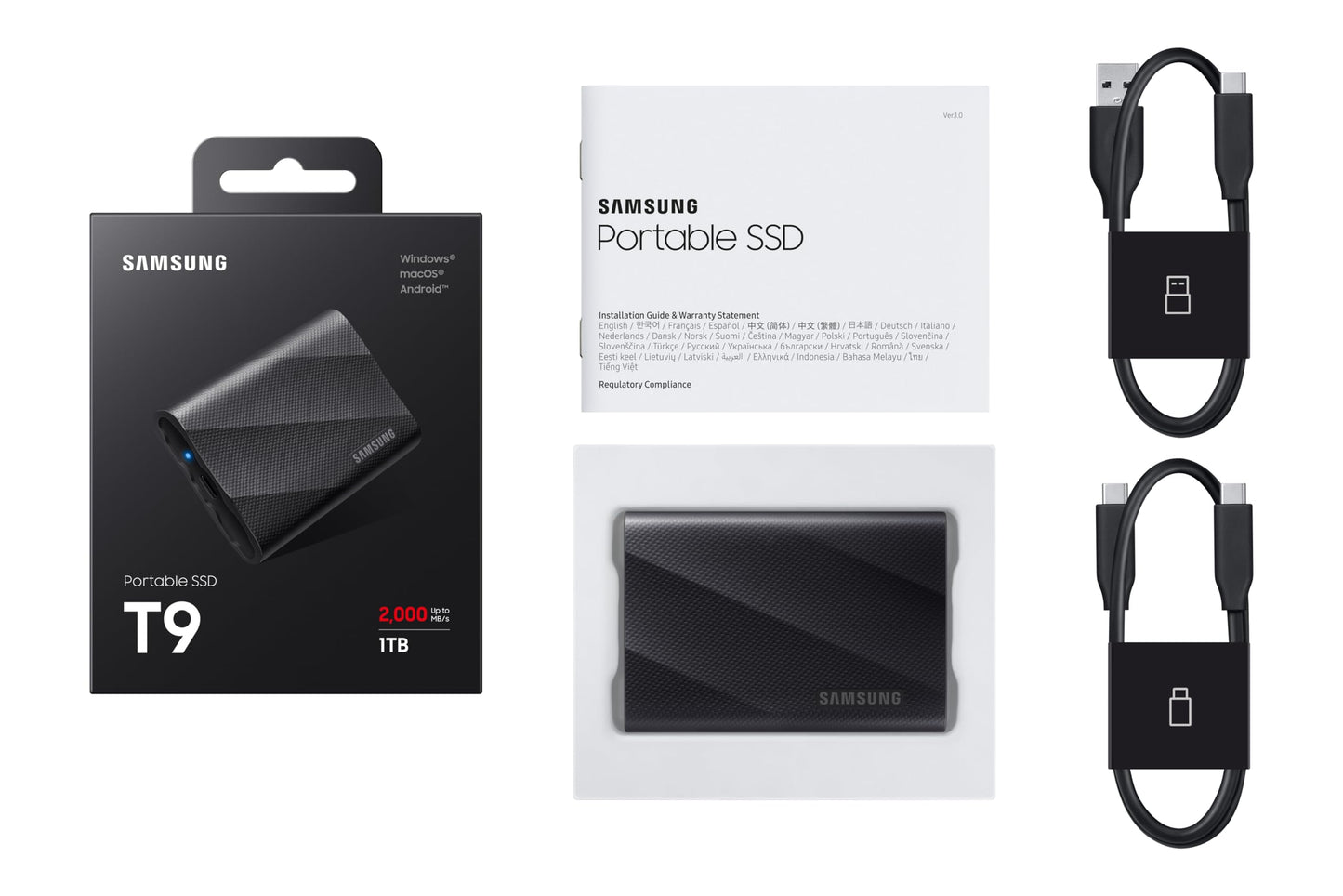 Samsung Portable SSD T9, 1 TB, 2,000 MB/s read, 2,000 MB/s write, USB 3.2 Gen.2x2, external hard drive for professional users, compatible with Mac, PC, smartphone and 12K cameras, MU-PG1T0B/EU