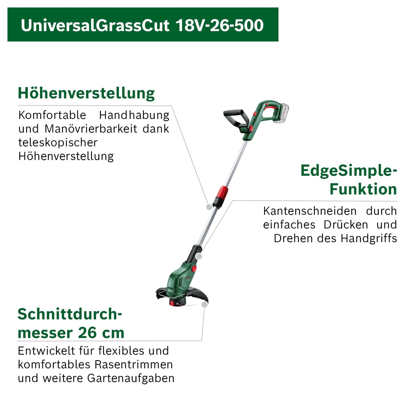 Bosch cordless grass trimmer UniversalGrassCut 18V-26-500 (for grass trimming and edge cutting; charging time: 65 min; cutting circle diameter: 26 cm; 18-volt system; without battery or charger) - 06008C1F01