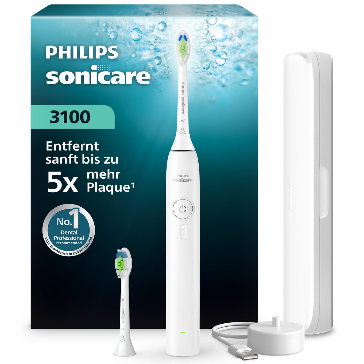 Philips Sonicare Series 3100 Electric Toothbrush – Sonic toothbrush with pressure sensor, three intensity settings, EasyStart, SmarTimer, 14 days of battery life, travel case, White, HX4034/21, [New]