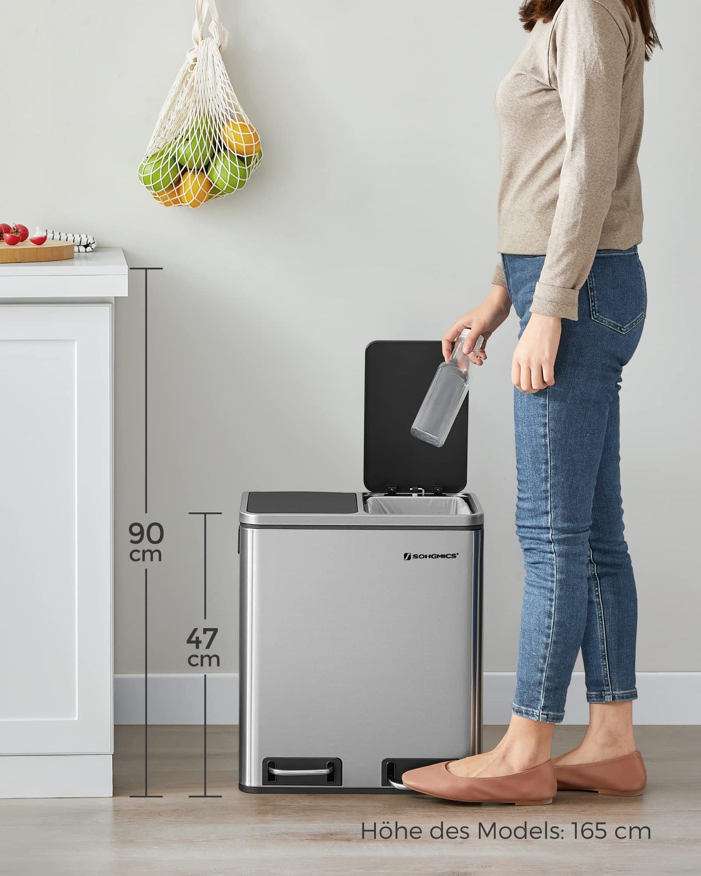 SONGMICS kitchen trash can, 2 x 15 liters, waste separation system 2 compartments, including 15 trash bags, trash can, pedal bin, recyclable waste, organic waste, soft close lid, metallic silver-ink black LTB30H