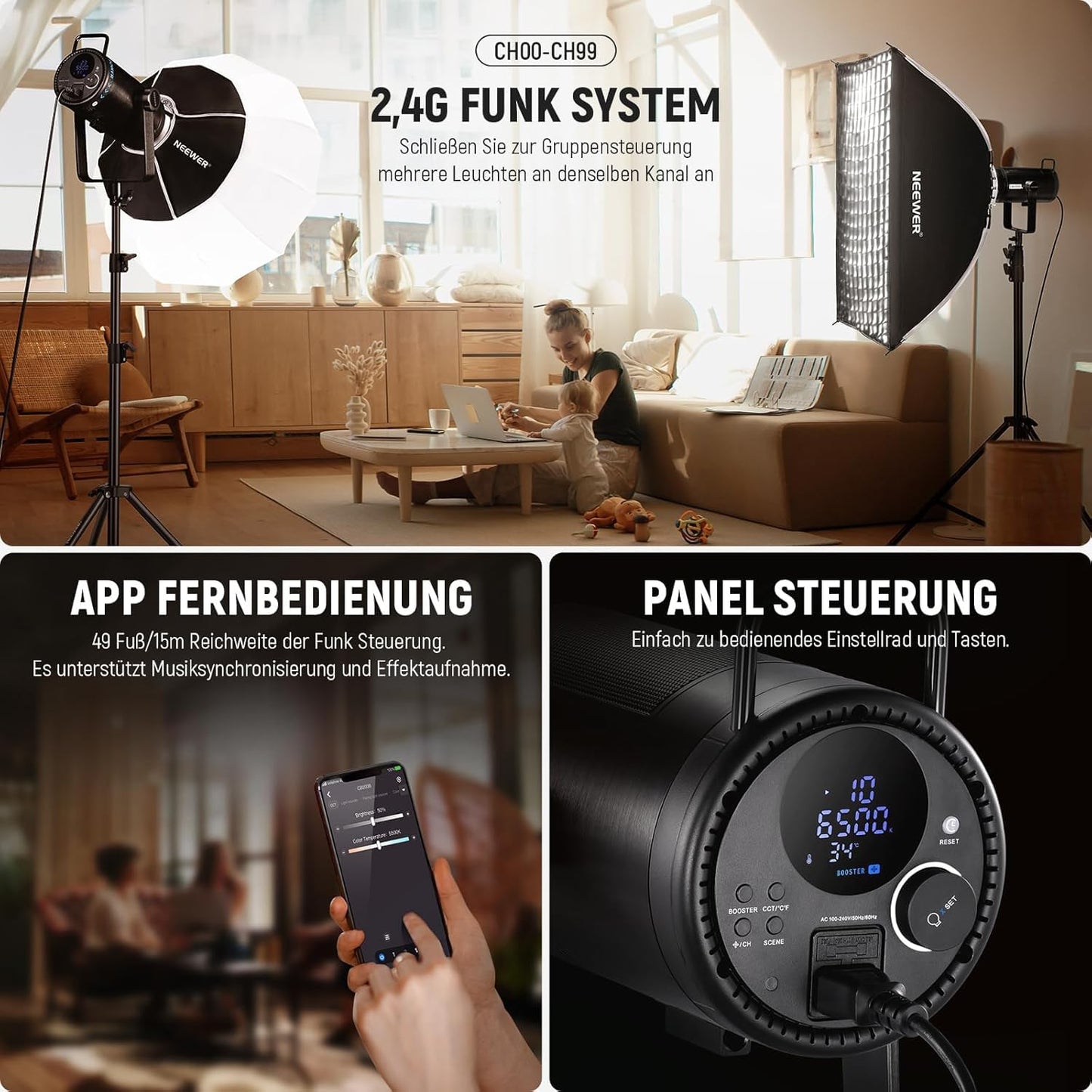 NEEWER CB300B 320W LED video light studio light with 2.4G/APP remote control, all-metal COB bi-color studio continuous light Bowens mount 150000lux/1m 2700K-6500K CRI/TLCI97+ 12 effects for portrait