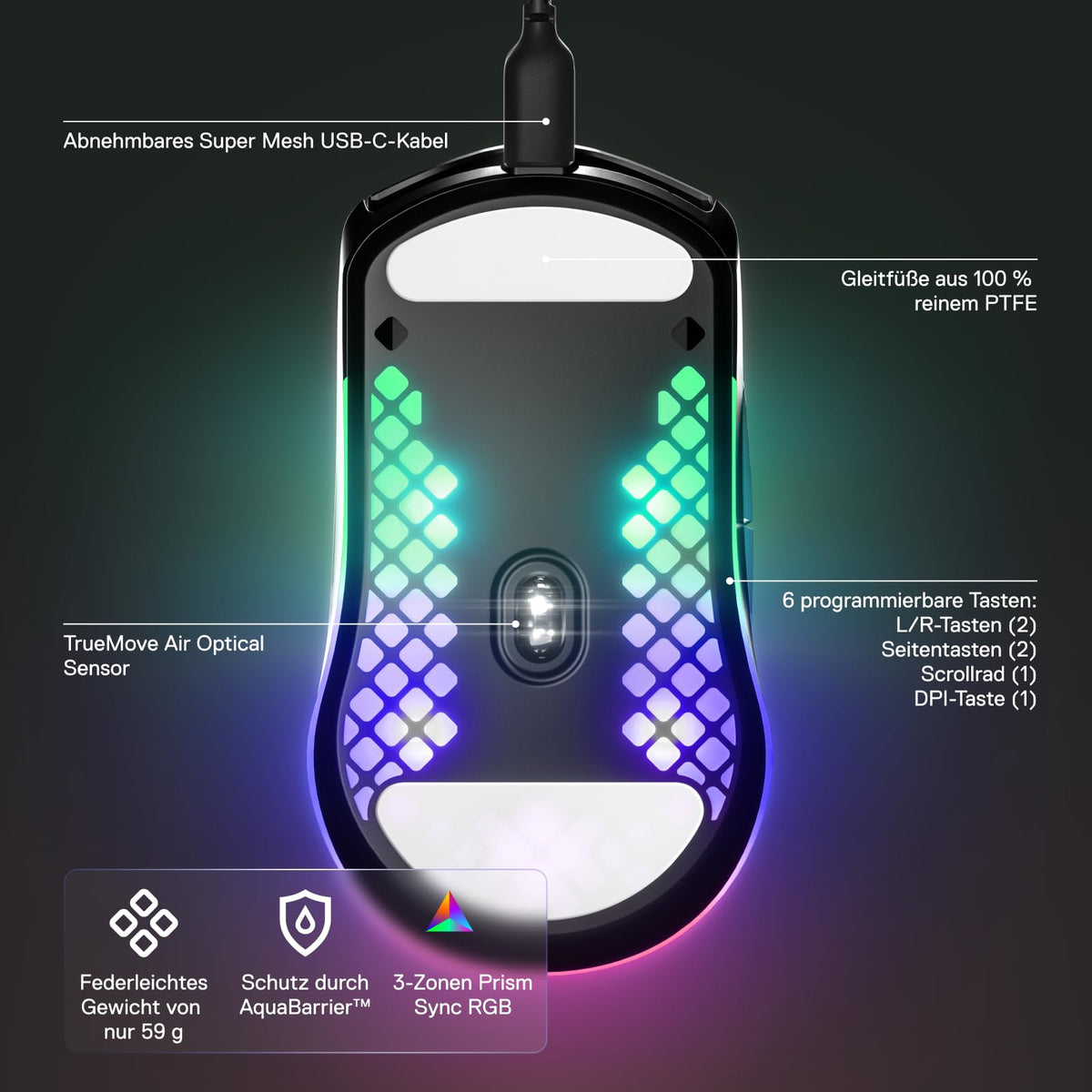 SteelSeries Aerox 3 - Super lightweight gaming mouse - Optical TrueMove Core sensor with 8,500 CPI - Ultra-lightweight, waterproof design - Black - 62611